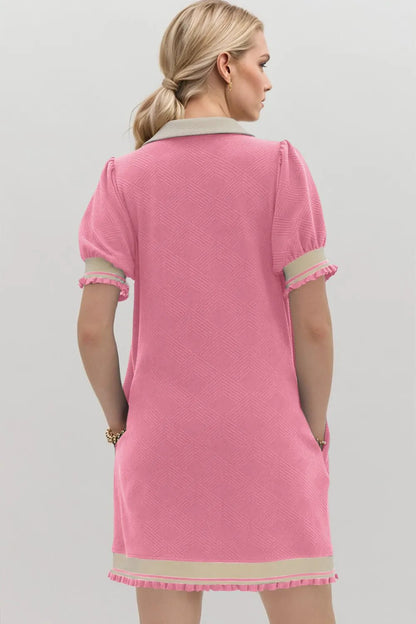 Oh Frill Contrast Trim Johnny Collar Short Sleeve Mini Dress – | Shannon’s Chique Boutique