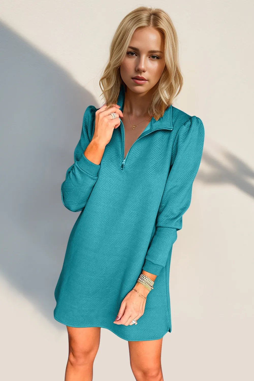 Double Take Textured Quarter Zip Long Sleeve Dress - -