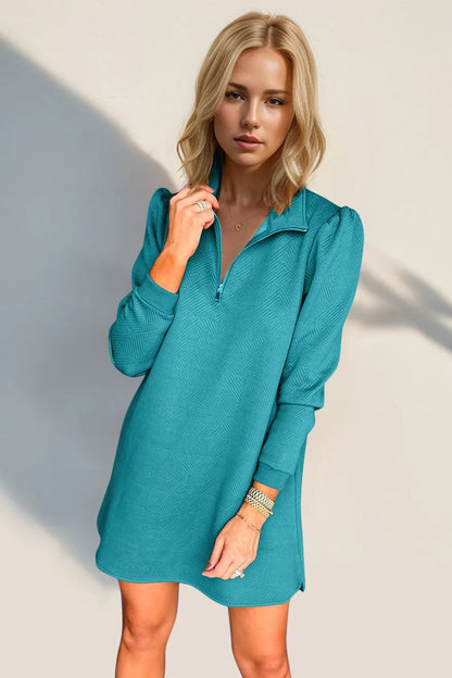 Double Take Textured Quarter Zip Long Sleeve Dress - -