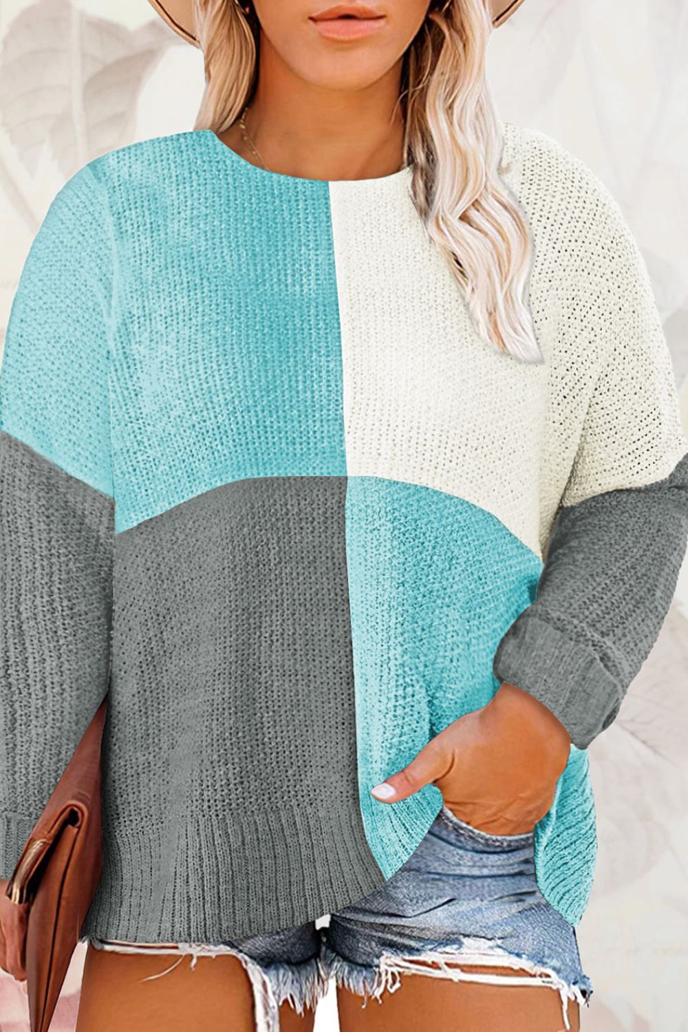 Plus Size Color Block Round Neck Sweater - Aqua -