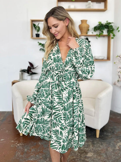 Double Take Full Size Printed Ruched Balloon Sleeve Dress – | Shannon’s Chique Boutique