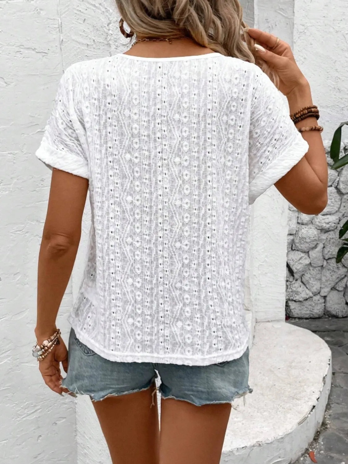 Eyelet Round Neck Short Sleeve Top - -