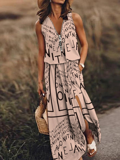 Full Size Half Zip Sleeveless Maxi Dress with Side Slit Plus Size - Print-khaki -