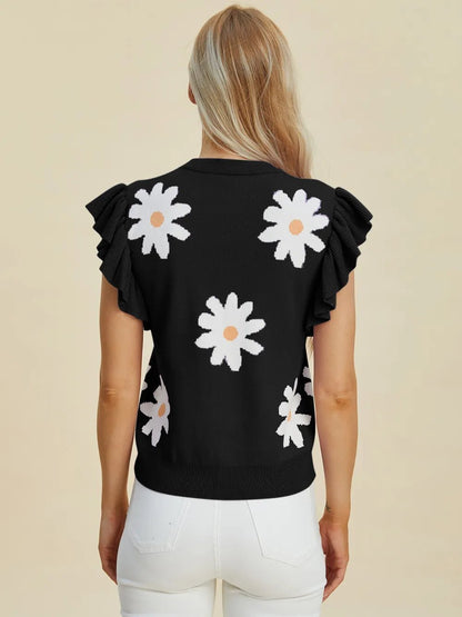 Double Take Full Size Ruffled Flower Round Neck Cap Sleeve Sweater – | Shannon’s Chique Boutique