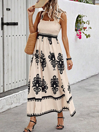 Smocked Printed Wide Strap Maxi Dress - Tan -