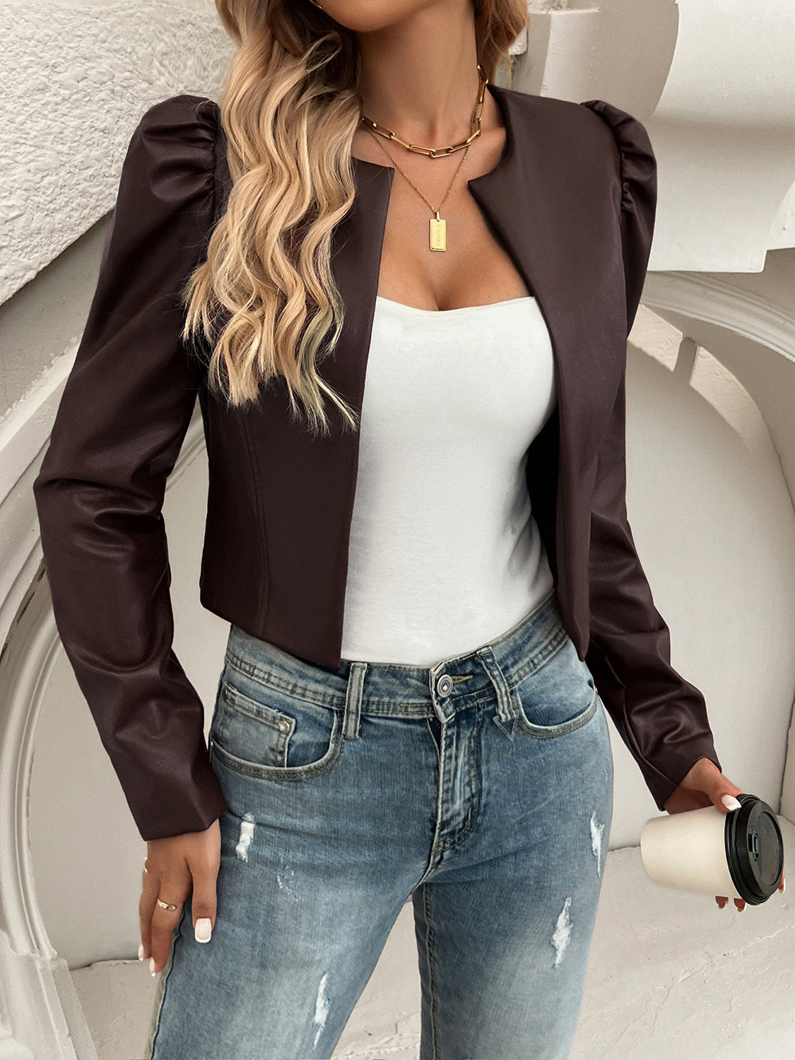 Devine Open Front Puff Sleeve Jacket