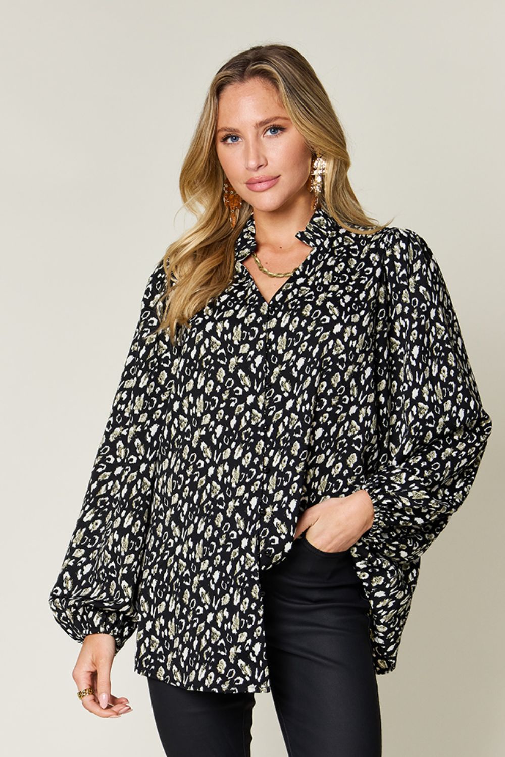 Double Take Full Size Leopard Long Sleeve Blouse - Black -