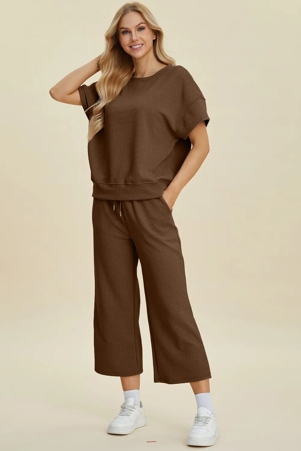 Double Take Full Size Texture Round Neck Top and Pants Set - Brown -
