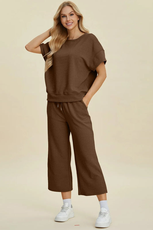 Double Take Full Size Texture Round Neck Top and Pants Set - Brown -