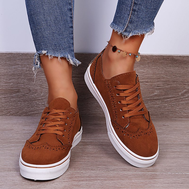 Lace-Up Suedette Flat Sneakers - -