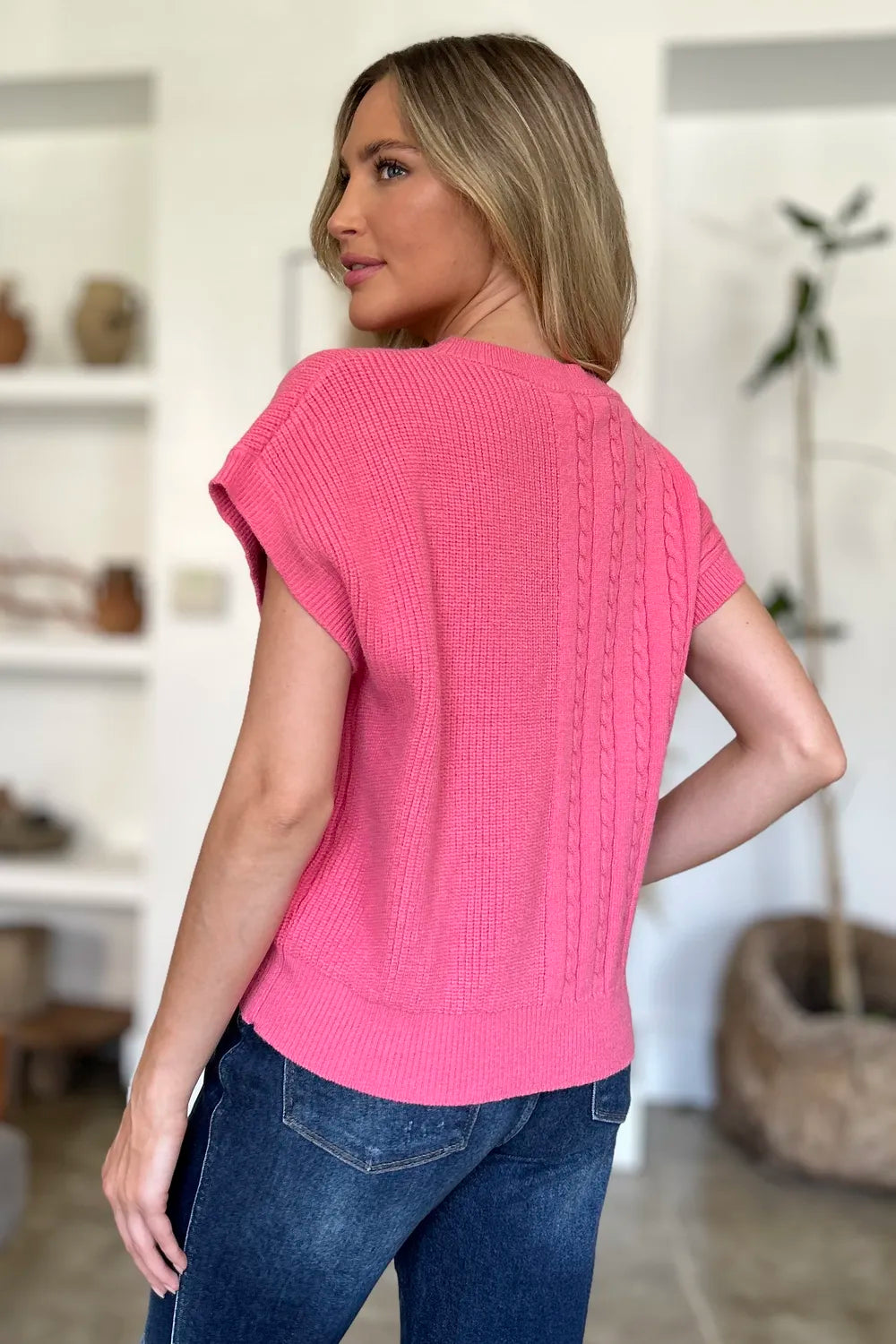 Double Take Full Size Cable-Knit Round Neck Short Sleeve Sweater - -