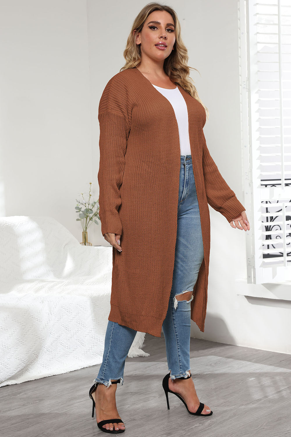 Plus Size Open Front Long Sleeve Cardigan - -
