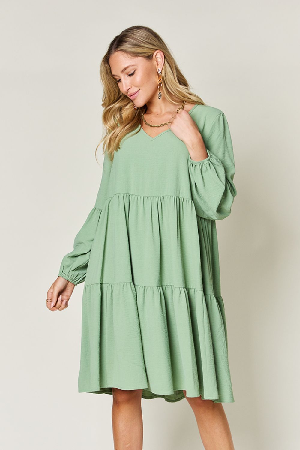 Double Take Full Size V-Neck Balloon Sleeve Tiered Dress with Pockets - Light Green -