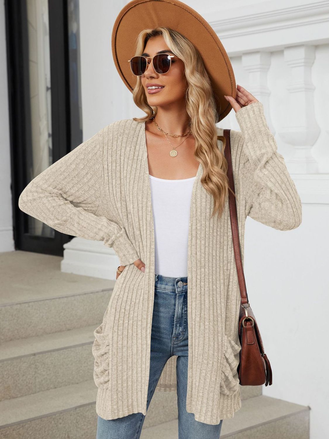 Pocketed Open Front Long Sleeve Cardigan - -