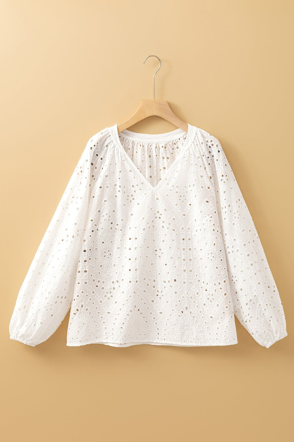 Eyelet V-Neck Long Sleeve Blouse - -