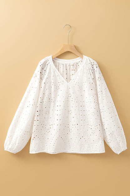 Eyelet V-Neck Long Sleeve Blouse - -