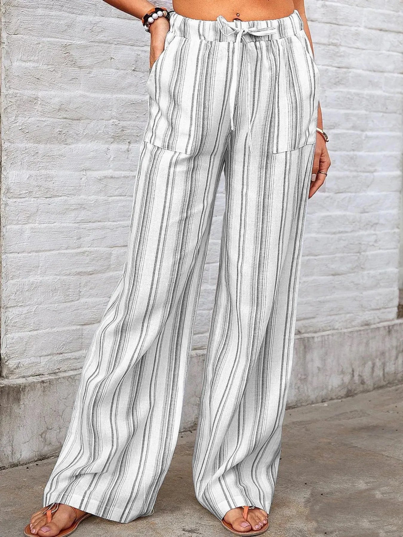Full Size Striped Wide Leg Pants Plus Size - Grey -