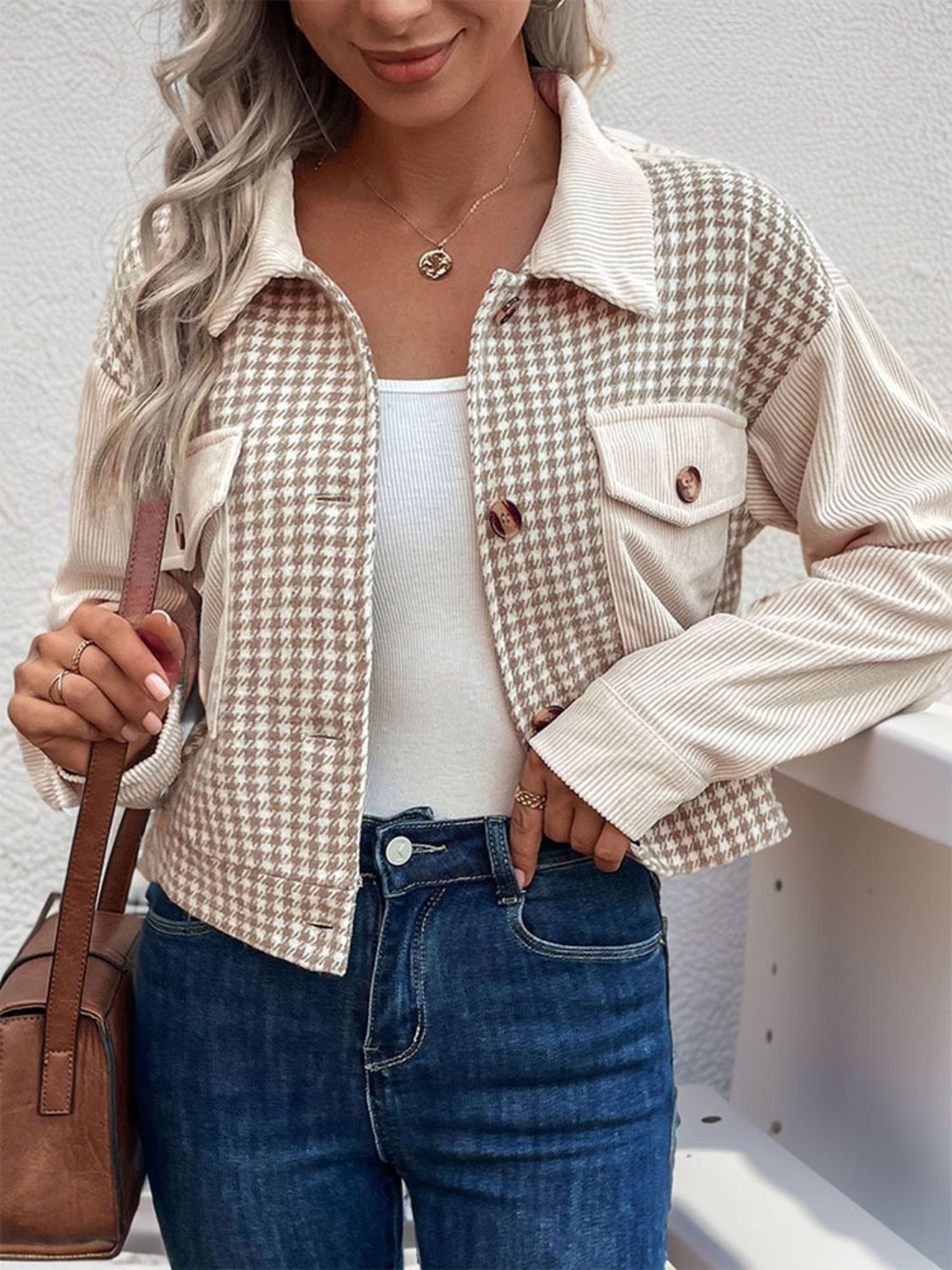 Pocketed Houndstooth Long Sleeve Jacket - -