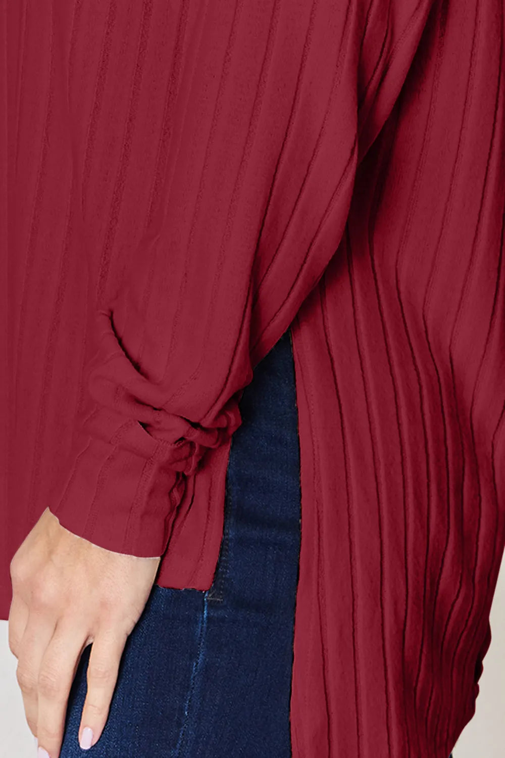 Basic Bae Full Size Ribbed Round Neck Slit T-Shirt - -