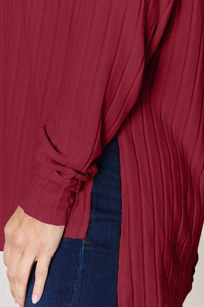 Basic Bae Full Size Ribbed Round Neck Slit T-Shirt - -