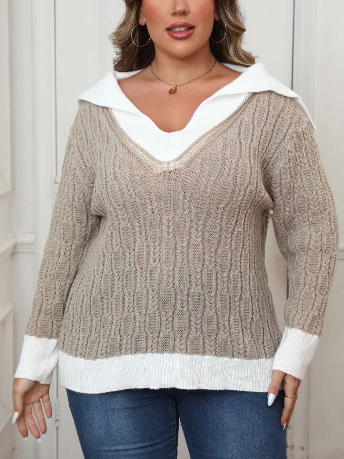 Plus Size Contrast Trim Collared Neck Sweater - Khaki -