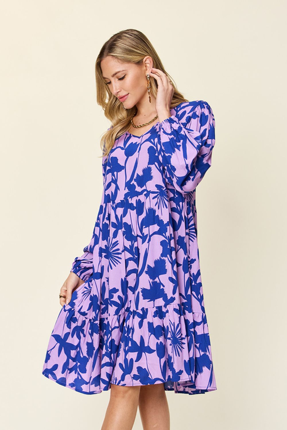 Double Take Full Size Printed Ruffle Hem Dress with Pocket - -