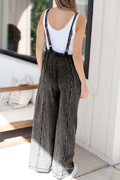 Frayed Exposed Seam Wide Leg Denim Overalls - -