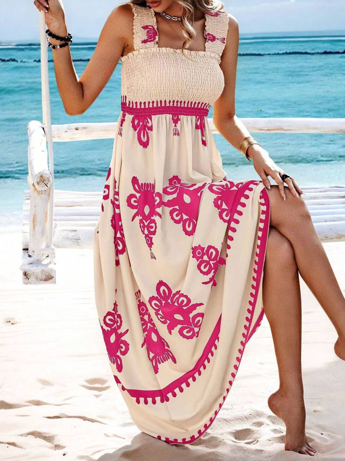 Smocked Printed Wide Strap Maxi Dress - -