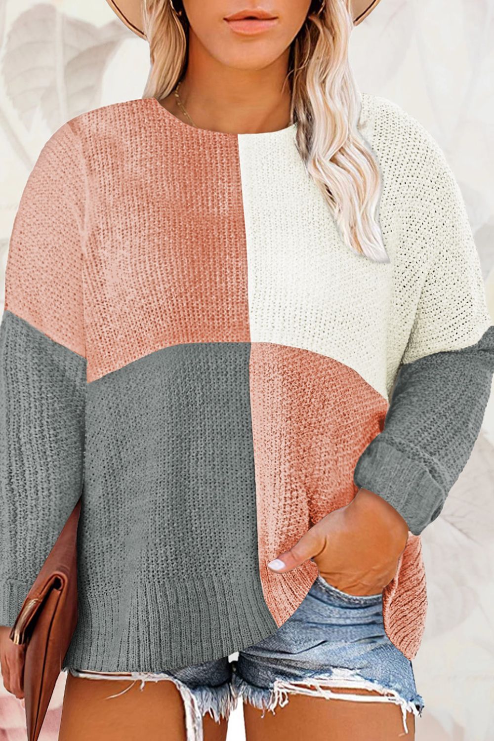 Plus Size Color Block Round Neck Sweater - Blush Pink -