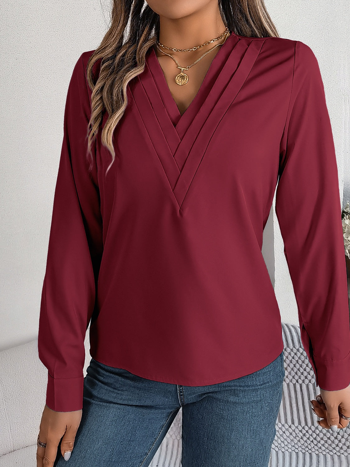 V-Neck Long Sleeve Blouse