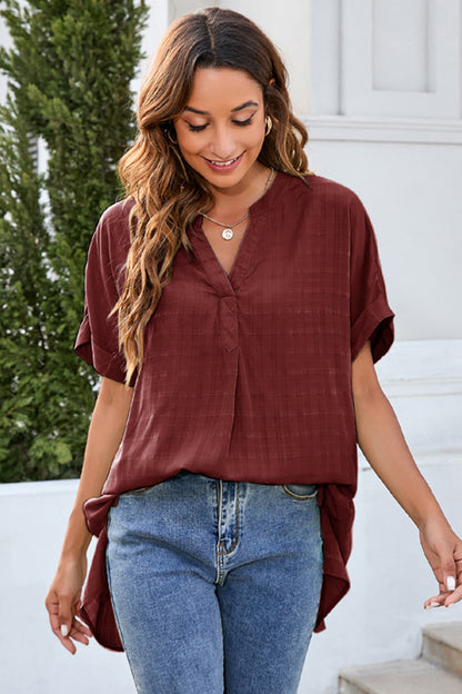 Ruched Notched Short Sleeve Blouse