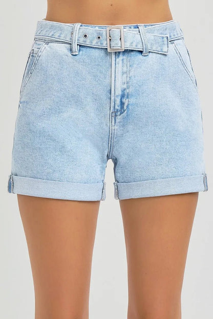 RISEN Full Size High Rise Belted Roll Up Shorts Plus Size - LIGHT -