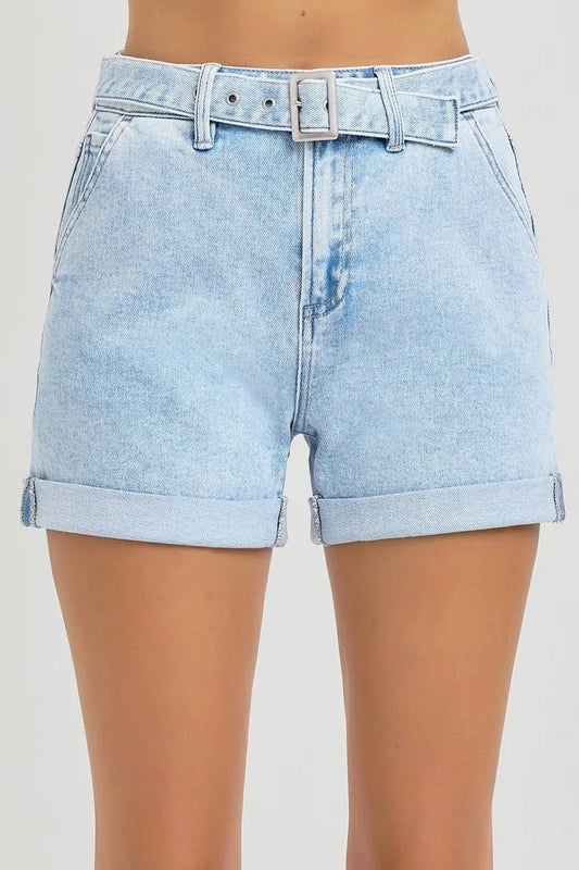 RISEN Full Size High Rise Belted Roll Up Shorts Plus Size - LIGHT -