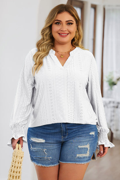 Plus Size Eyelet Notched Flounce Sleeve Blouse - -