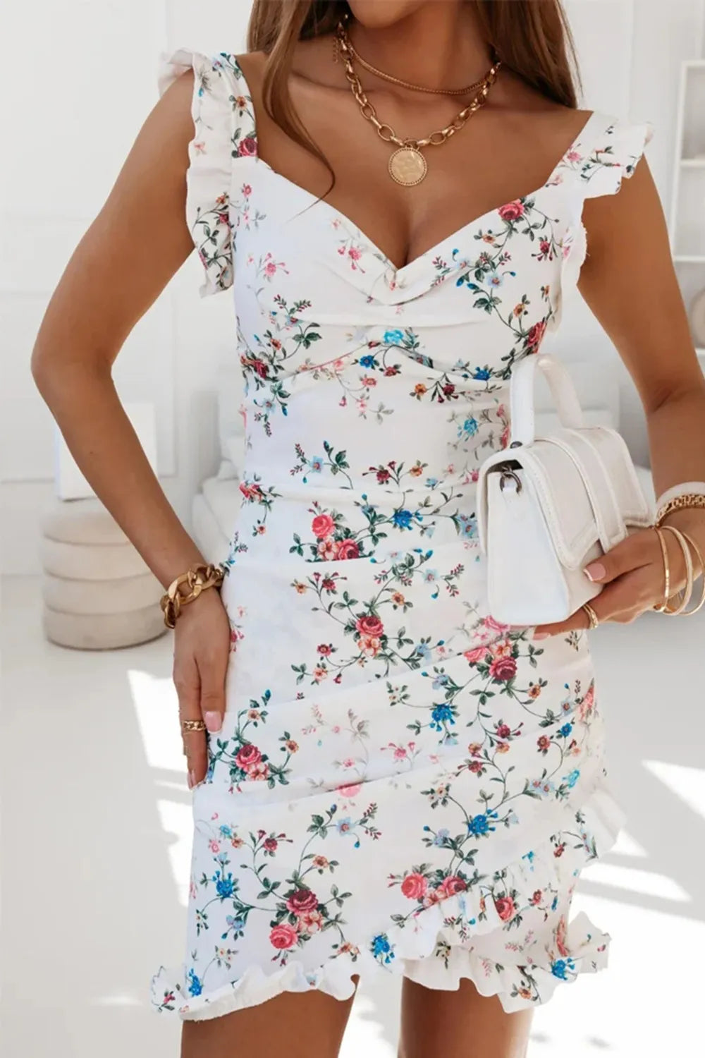 Printed Ruffled Sweetheart Neck Mini Dress - White -