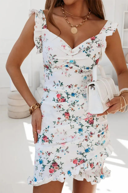 Printed Ruffled Sweetheart Neck Mini Dress - White -