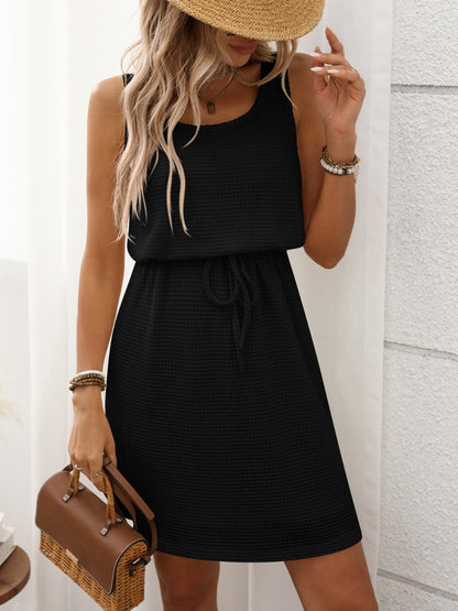 Waffle-Knit Drawstring Mini Tank Dress - Black -