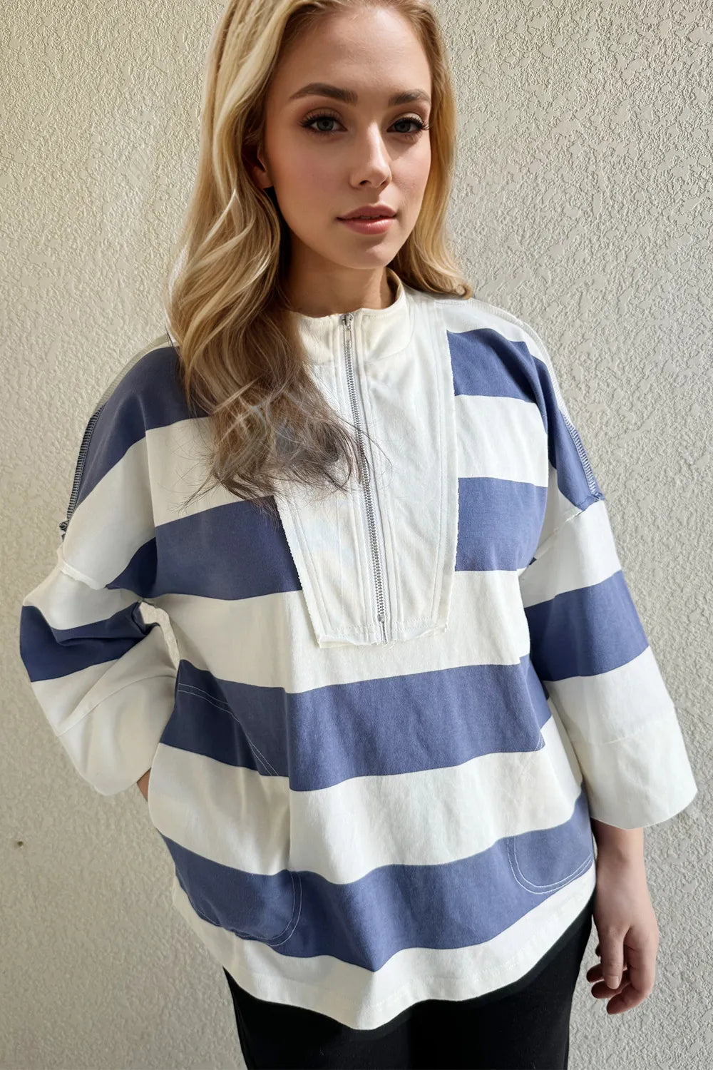 Oh Pima Cotton Wash Striped Half Zip Mock Neck Long Sleeve Top - -