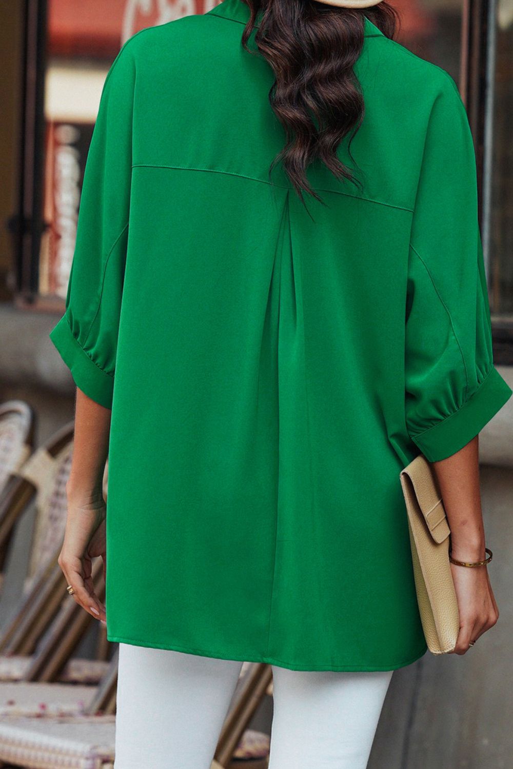 Collared Neck Three-Quarter Sleeve Shirt - -