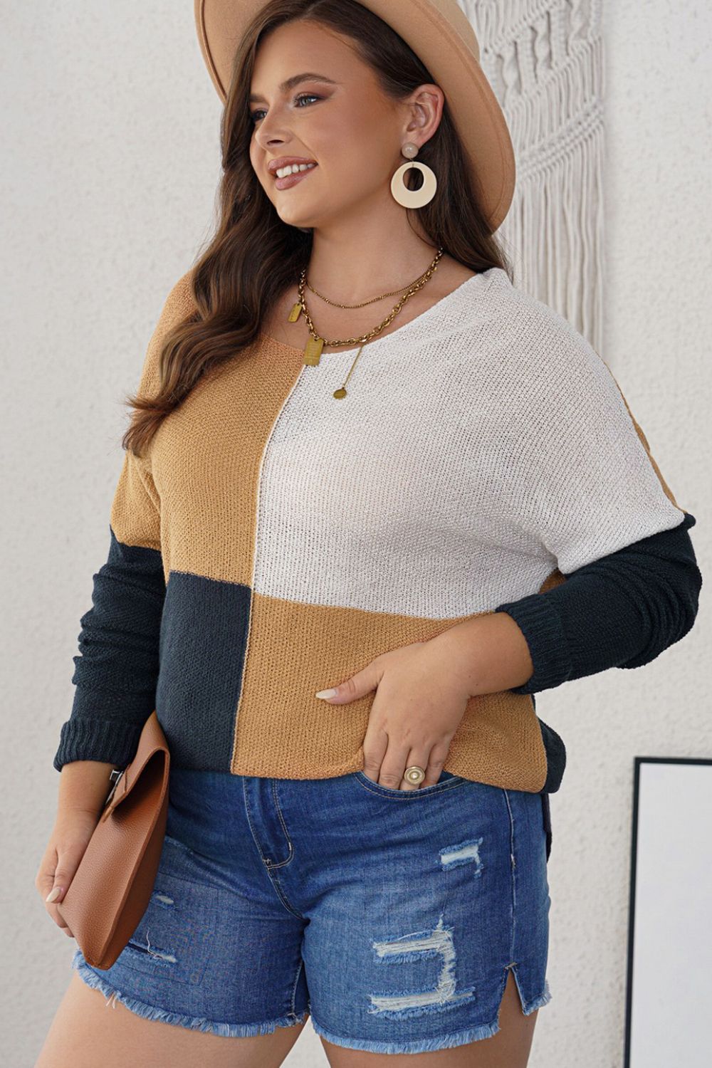 Plus Size Color Block Round Neck Sweater - -