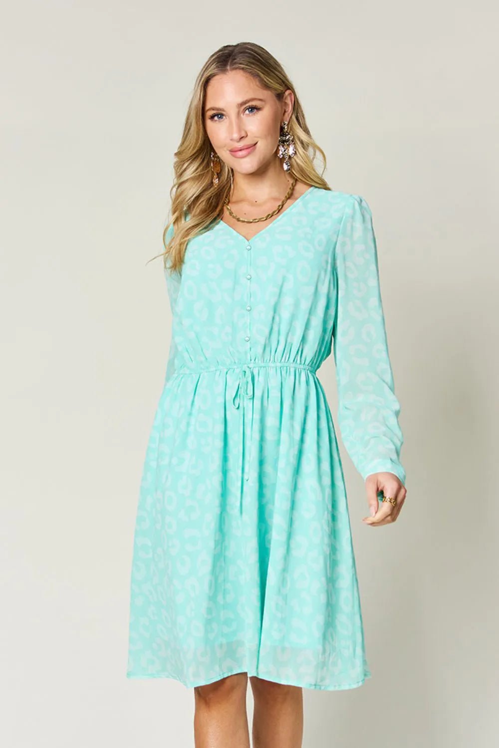 Double Take Full Size Printed Ruched V - Neck Long Sleeve Dress – | Shannon’s Chique Boutique