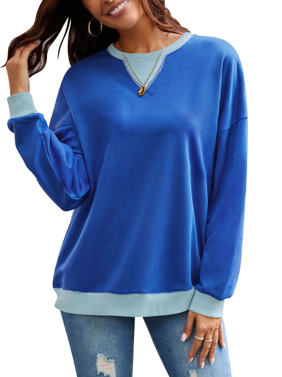 Contrast Round Neck Long Sleeve Sweatshirt - -