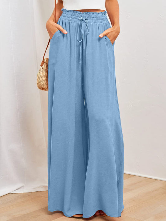 Wide Leg Pants with Pockets - Light Blue -