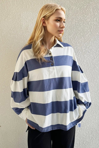 Oh Pima Cotton Wash Wide Striped Collared Neck Long Sleeve Top - -
