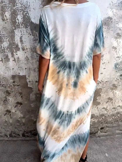 Full Size Tie-Dye V-Neck Midi Dress with Pockets Plus Size - -