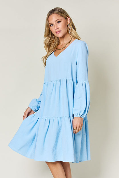 Double Take Full Size V-Neck Balloon Sleeve Tiered Dress with Pockets - -