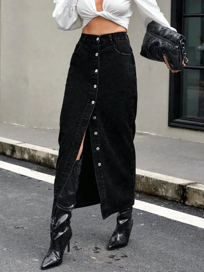 Black denim maxi skirt with front buttons and high slit detail