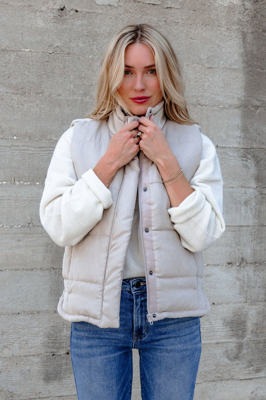 Beige Button Up Puffer Vest - FINAL SALE