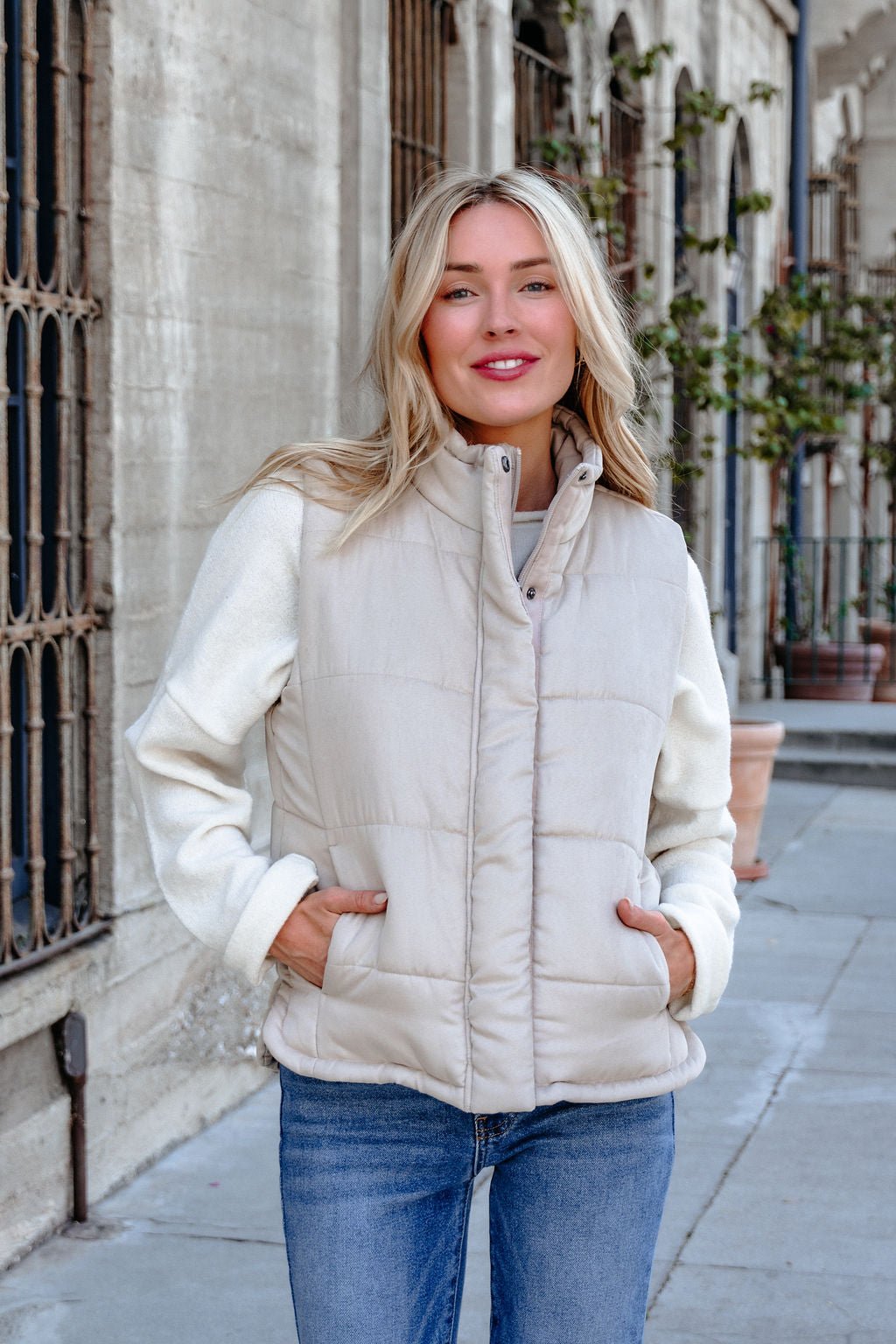 Beige Button Up Puffer Vest - FINAL SALE