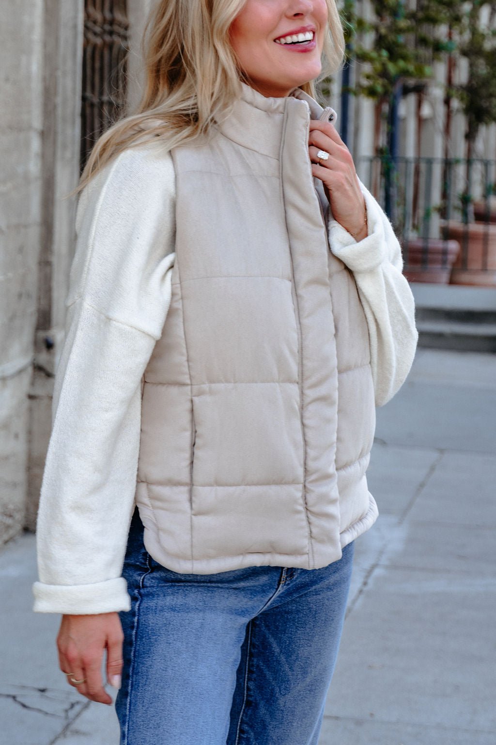 Beige Button Up Puffer Vest - FINAL SALE